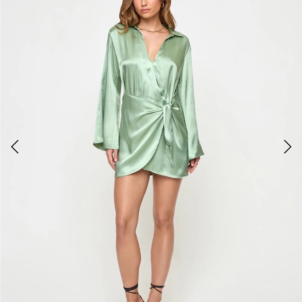 l*space Satin Wrap Mini Dress in Sage Green